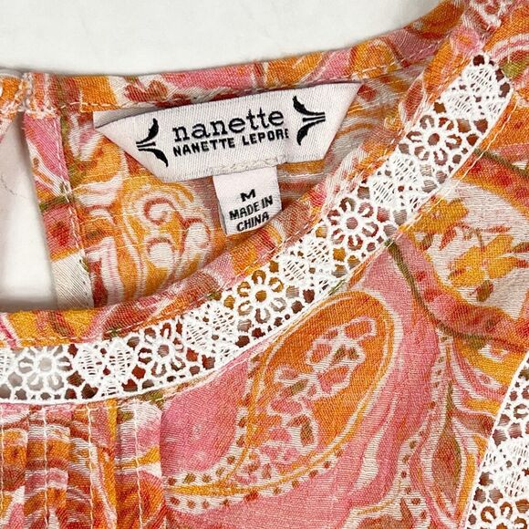 Nanette Lepore Orange Pink Floral Crochet Lace Short Flutter Sleeve Top Medium - Picture 7 of 8